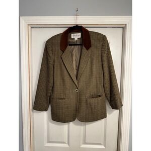 Vtg 80s Petites Women's‎ Blazer Jacket Brown Plaid Velvet Collar Size 6